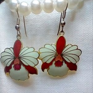 Cloisonné gold plated orchid earrings